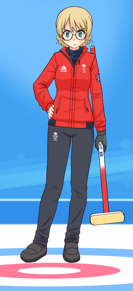 adidas alternate_eye_color aqua_eyes bespectacled black_gloves black_shoes blonde_hair blue_background blue_pants blue_shirt blush braid broom curling curling_broom darjeeling_(girls_und_panzer) frown full_body girls_und_panzer glasses gloves hand_on_own_hip holding holding_broom jacket long_sleeves olympic_rings olympics pants red_jacket round_eyewear shirt shoes single_glove solo sportswear standing swept_bangs turtleneck union_jack uona_telepin