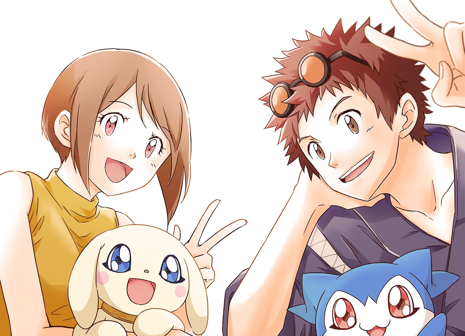 1boy 1girl :d aged_up black-framed_eyewear blue_kimono brown_eyes brown_hair chibimon digimon digimon_adventure_02 eyewear_on_head gdn0522 head_rest japanese_clothes kimono motomiya_daisuke open_mouth orange-tinted_eyewear plotmon red_eyes short_hair sleeveless sleeveless_sweater smile spiked_hair straight_hair sweater tinted_eyewear upper_body v white_background yagami_hikari yellow_sweater