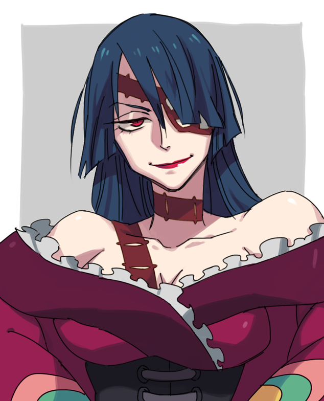 00s 1girl adiane bare_shoulders blue_hair blunt_bangs breasts cleavage collarbone corset cosom dress eyepatch female_focus frilled_dress frills grey_background lipstick long_hair makeup red_eyes simple_background solo tattoo tengen_toppa_gurren_lagann two-tone_background