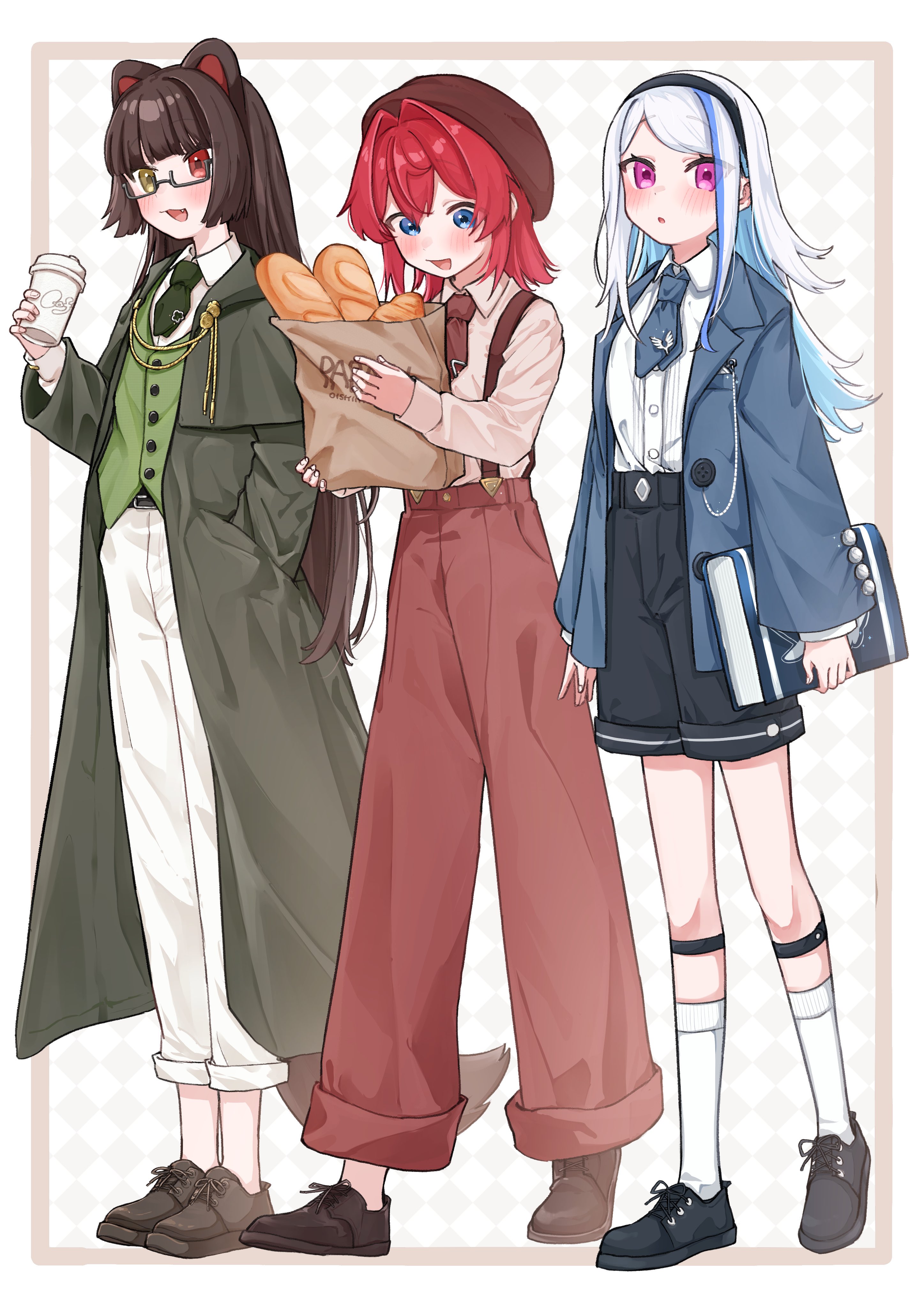 3girls 3znk :o absurdres alternate_costume ange_katrina animal_ears bag beret black_shoes black_shorts blue_hair blue_jacket blue_necktie blunt_bangs blunt_sidelocks blush book border bread brown_border brown_hair brown_hat brown_necktie brown_shoes brown_tail checkered_background coat collared_shirt colored_inner_hair commentary_request cup disposable_cup dog_ears dog_tail fang food full_body glasses green_necktie green_vest grey-framed_eyewear grey_background grey_coat grey_hairband hair_intakes hairband hand_in_pocket hat heterochromia highres holding holding_bag holding_book holding_cup holding_food inui_toko jacket lize_helesta long_coat long_hair looking_at_object looking_at_viewer looking_down medium_hair multicolored_hair multiple_girls necktie nijisanji no_socks open_clothes open_jacket open_mouth outside_border pants pants_rolled_up paper_bag pink_shirt pocket_watch purple_eyes red_eyes red_hair red_pants sanbaka_(nijisanji) semi-rimless_eyewear shin_strap shirt shirt_tucked_in shoes short_necktie shorts sidelocks socks standing streaked_hair suspenders swept_bangs tail two-tone_hair under-rim_eyewear very_long_hair vest virtual_youtuber waistcoat watch white_hair white_pants white_shirt white_socks yellow_eyes