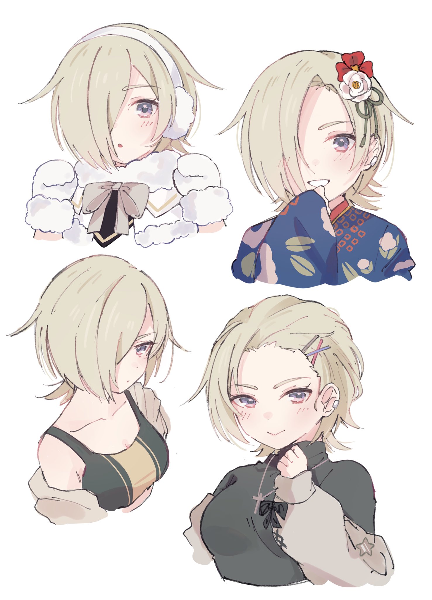 1girl alternate_hairstyle black_shirt black_sports_bra blonde_hair blue_kimono bow collarbone colorful_dreams!_colorful_smiles!_(love_live!) cropped_shoulders cross cross_necklace ear_piercing earmuffs flower grey_bow grey_jacket hair_flower hair_ornament hair_over_one_eye hairclip highres jacket japanese_clothes jewelry kimono long_sleeves looking_at_viewer love_live! love_live!_nijigasaki_high_school_idol_club mia_taylor mittens multiple_views necklace notyu_maru one_eye_covered parted_lips piercing purple_eyes shirt short_hair smile sports_bra upper_body white_background white_mittens wide_sleeves