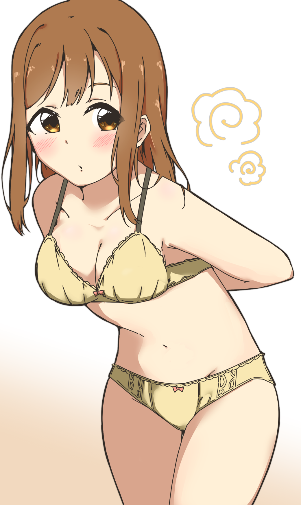 1girl blush bra breasts brown_eyes brown_hair character_logo cleavage collarbone commentary_request cowboy_shot gradient_background hanamaru highres kunikida_hanamaru leaning_forward liz_(piyoko_piyop) long_hair love_live! love_live!_sunshine!! medium_breasts navel panties parted_lips sideways_glance simple_background solo stomach strap_gap underwear underwear_only undressing white_background yellow_background yellow_bra yellow_panties