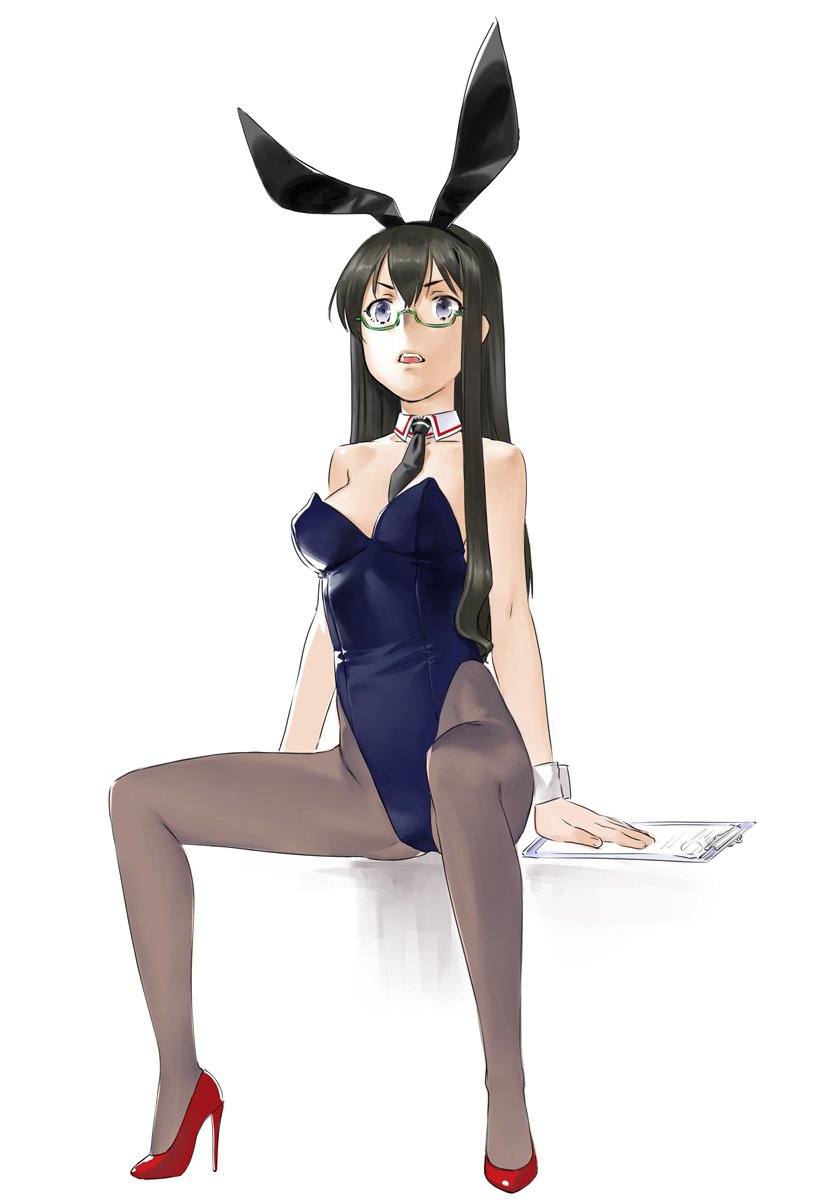 1girl animal_ears black_hair black_necktie blue_leotard breasts brown_pantyhose commentary_request detached_collar fake_animal_ears female_focus grey_eyes hairband high_heels highres kantai_collection leotard long_hair muhamado necktie ooyodo_(kancolle) pantyhose paper playboy_bunny pumps rabbit_ears rabbit_tail red_shoes semi-rimless_eyewear shoes simple_background sitting small_breasts solo stiletto_heels strapless strapless_leotard tail under-rim_eyewear white_background wrist_cuffs