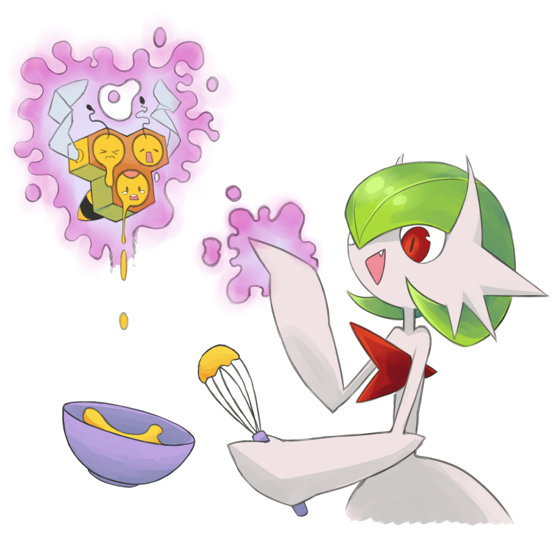 bowl colored_skin combee dmt_(auburn) fang gardevoir gen_3_pokemon gen_4_pokemon honey insect_wings mega_gardevoir mega_pokemon mixing_bowl nintendo open_mouth pink_eyes pokemon pokemon_(creature) psychic simple_background whisk white_background white_skin wings