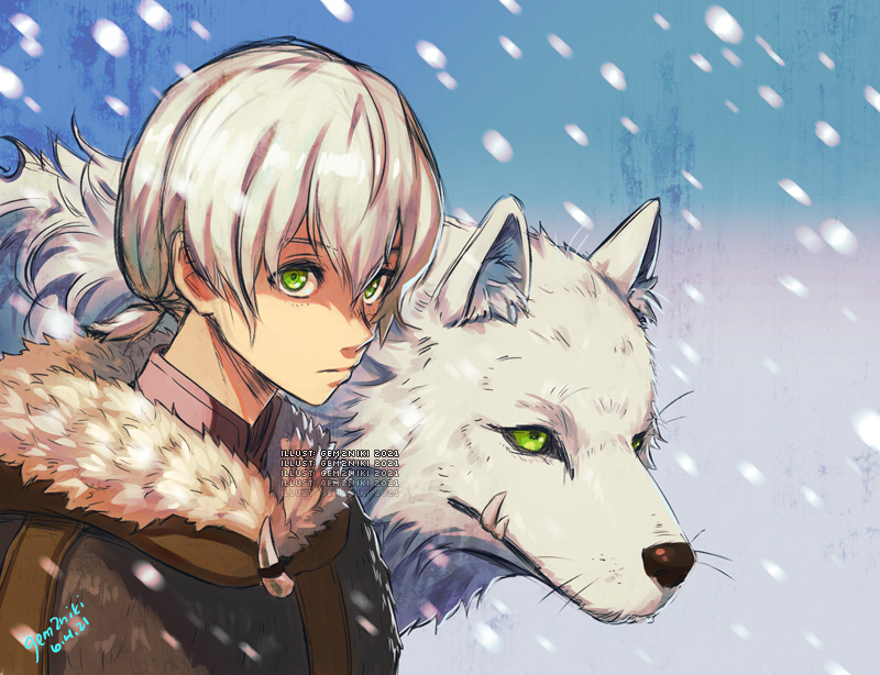 1boy animal brown_coat coat fangs fumetsu_no_anata_e fur_collar fushi gem2niki green_eyes hair_between_eyes high_collar joan_(fumetsu_no_anata_e) low_ponytail ponytail short_hair snow snowing the_nameless_boy_(fumetsu_no_anata_e) upper_body whiskers white_fur white_hair white_wolf wolf
