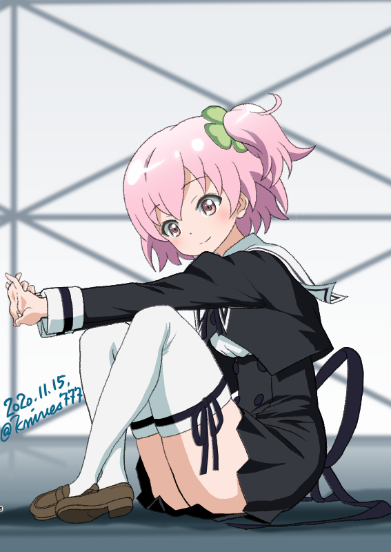 1girl assault_lily black_ribbon black_skirt blush double_bun hair_bun hitotsuyanagi_riri knives_(knives777) pink_eyes pink_hair ribbon school_uniform shoes short_hair skirt smile thighhighs white_thighhighs yurigaoka_girls_academy_school_uniform