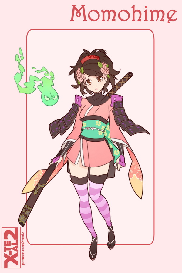 1girl arm_guards artist_name black_hair character_name comb female_focus flower full_body hair_flower hair_ornament hitodama izuna_jinkuro japanese_clothes katana kimono looking_at_viewer momohime oboro_muramasa short_kimono solo soul striped_clothes striped_thighhighs sword thighhighs vanillaware weapon wide_sleeves x-t3al