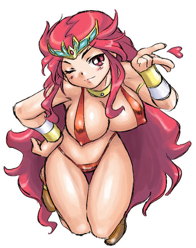 1girl bikini blush breasts breath_of_fire breath_of_fire_ii cleavage covered_erect_nipples crown dr.p female_focus hat large_breasts long_hair lowres one_eye_closed red_bikini red_eyes red_hair sana shaman solo swimsuit white_background