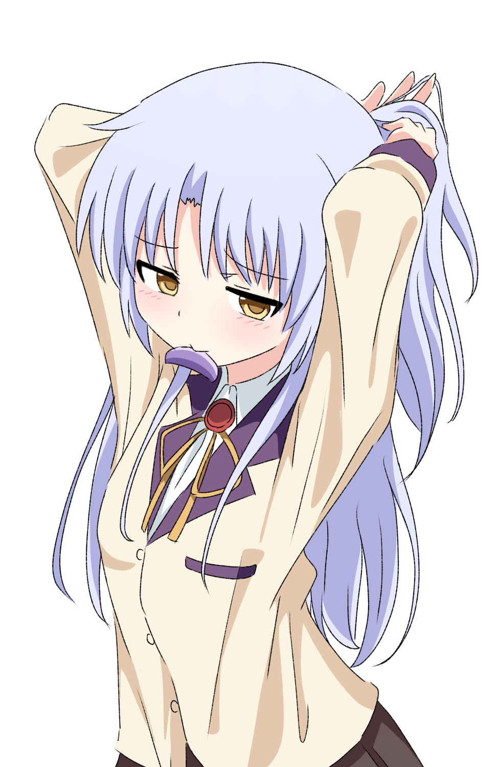 1girl angel_beats! arms_up biting blush braiding_hair brown_skirt hairdressing half-closed_eyes highres long_hair long_sleeves looking_at_viewer ribbon school_uniform shirt silky_(silky_illust) simple_background skirt tachibana_kanade white_background white_hair white_shirt yellow_eyes