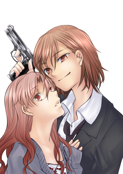 2girls alternate_costume beretta_92 black_jacket black_necktie brown_eyes brown_hair commentary_request dress_shirt grey_sweater gun handgun higashizukihi_sei jacket light_smile long_hair looking_at_another looking_at_viewer misaka_mikoto multiple_girls necktie parted_lips shirai_kuroko shirt sleeves_past_wrists sweater toaru_kagaku_no_railgun toaru_majutsu_no_index upper_body weapon white_shirt wing_collar