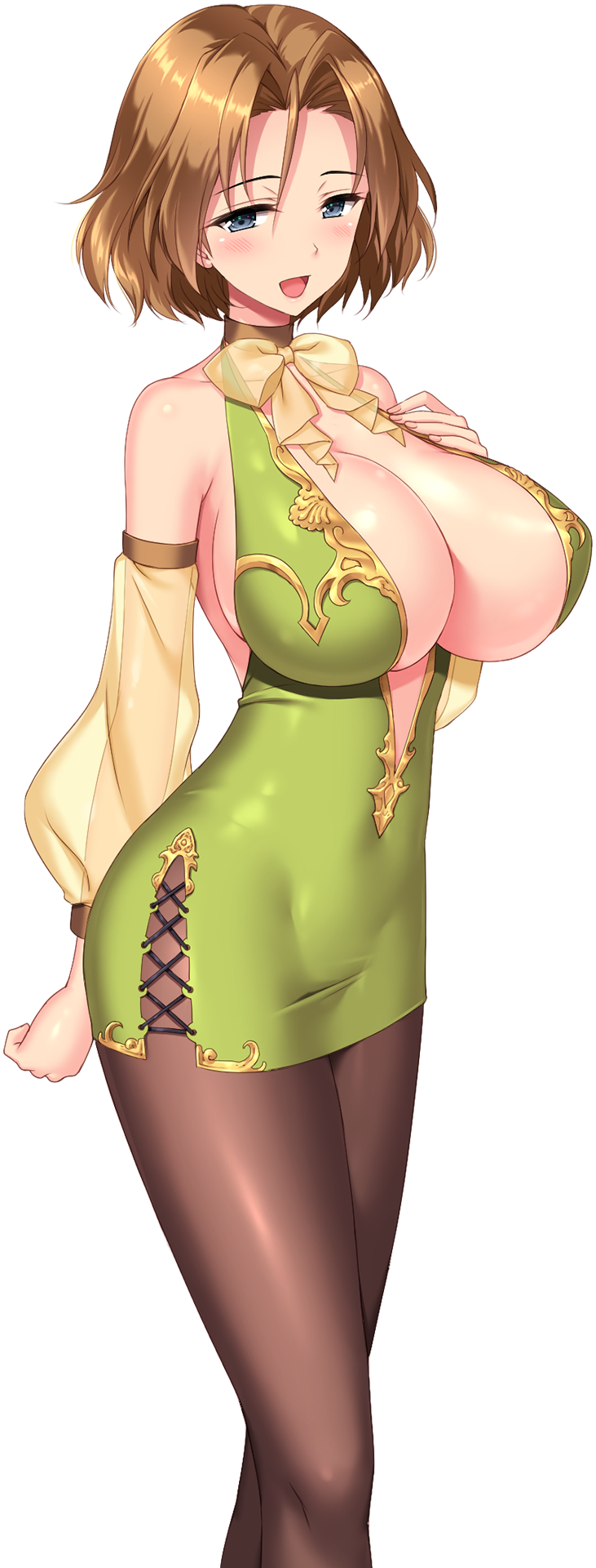 1girl arm_behind_back black_pantyhose blue_eyes breasts brown_hair cleavage cleavage_cutout clothing_cutout covered_navel derauea detached_sleeves dress game_cg green_dress hair_between_eyes hand_on_own_chest highres huge_breasts large_breasts medium_hair milk_factory motto!_haramase!_honoo_no_oppai_isekai_ero_mahou_gakuen! non-web_source official_art open_mouth pantyhose sarah_(milk_factory) see-through_bow see-through_clothes see-through_sleeves skindentation smile solo sprite_art tachi-e transparent_background