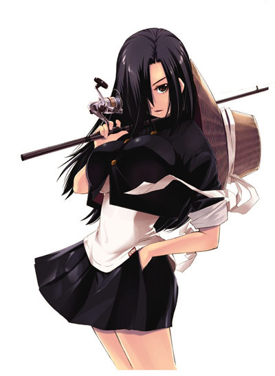 1girl black_hair breasts female_focus fishing_rod hair_over_one_eye hand_in_pocket hat holding holding_fishing_rod huge_breasts large_breasts long_hair sato_masaki_(masayakofu) shinkai_nagisa skirt solo straw_hat tsuri_chichi_nagisa