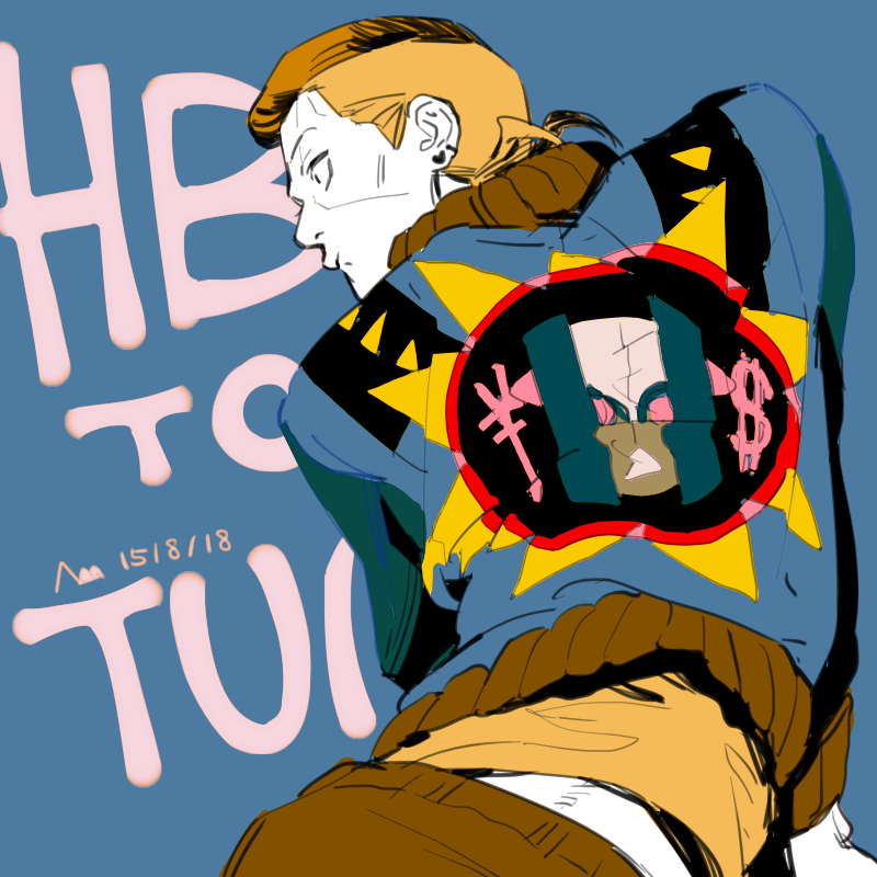 1boy alternate_costume diamond_wa_kudakenai from_behind jacket jojo_no_kimyou_na_bouken letterman_jacket limited_palette male_focus morikiri nijimura_okuyasu pompadour print_jacket solo sukajan the_hand_(stand) undercut