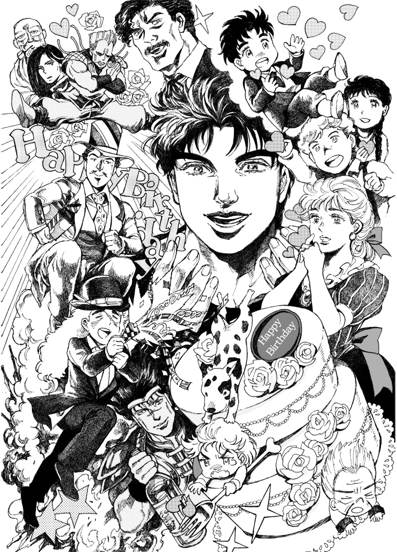 3girls 6+boys bruford bud_(korovsme) cake danny_(jojo) dio_brando dire_(jojo) erina_pendleton food george_joestar greyscale jojo_no_kimyou_na_bouken jonathan_joestar millipen_(medium) monochrome multiple_boys multiple_girls peggy_(jojo) pen_(medium) phantom_blood poco&#039;s_sister poco_(jojo) robert_e._o._speedwagon straizo tonpeti traditional_media wang_chan wedding_cake will_anthonio_zeppeli