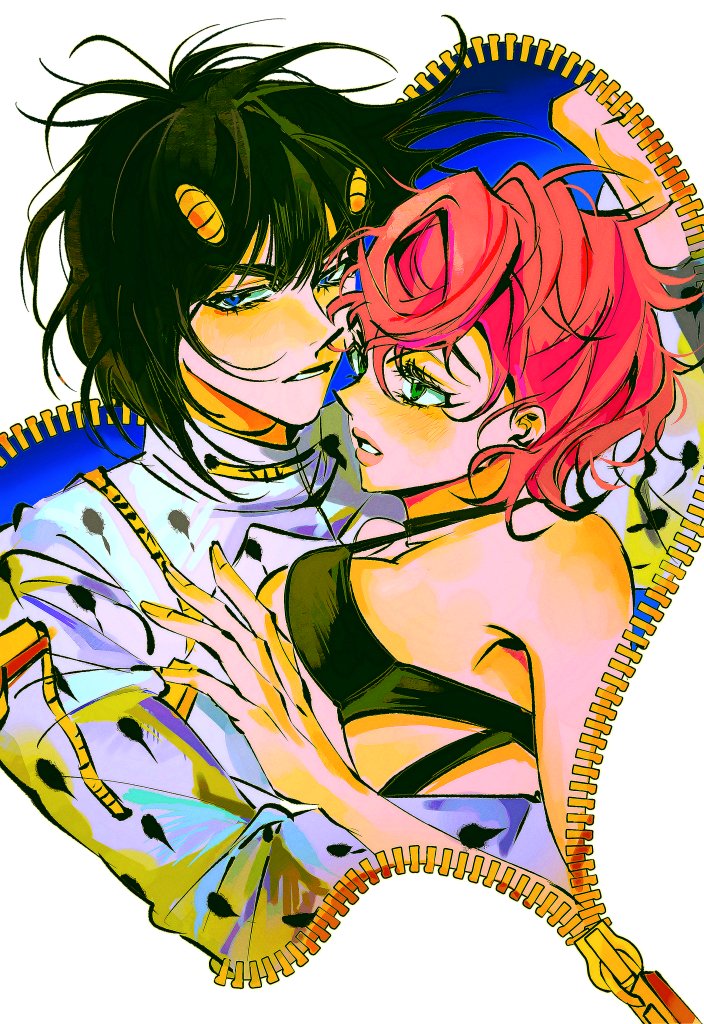 1_22sssam 1boy 1girl argyle_clothes black_lips bob_cut bruno_bucciarati hair_ornament hairclip jojo_no_kimyou_na_bouken pink_hair polka_dot polka_dot_hair stand_(jojo) trish_una vento_aureo zipper zipper_pull_tab