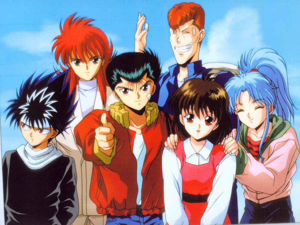 1990s_(style) botan_(yu_yu_hakusho) hiei kurama_(yu_yu_hakusho) kuwabara_kazuma official_art urameshi_yuusuke yukimura_keiko yuu_yuu_hakusho