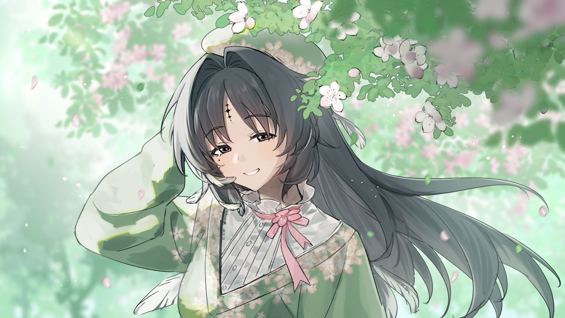 1girl black_eyes black_hair breasts chinese_commentary commentary_request feather_hair green_hat green_shirt hair_intakes hat highres kohane_kun long_hair looking_at_viewer medium_breasts mole mole_under_eye parted_bangs portrait revision shirt smile solo tacet_mark_(wuthering_waves) white_shirt wuthering_waves yangyang_(wuthering_waves)