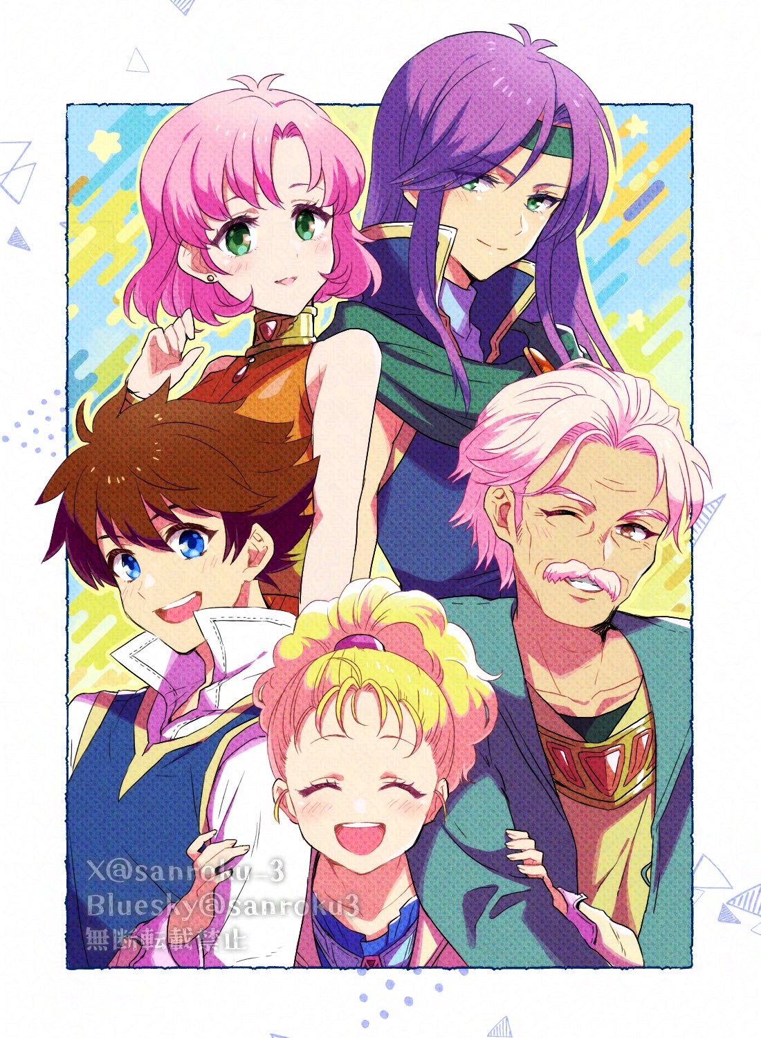 2boys 3girls artist_name bare_shoulders bartz_klauser blonde_hair blue_dress blue_eyes blue_tunic breasts brown_eyes brown_hair cloak closed_eyes closed_mouth coat dress earrings facial_hair faris_scherwiz final_fantasy final_fantasy_v galuf_halm_baldesion grandfather_and_granddaughter green_cloak green_eyes green_headband green_jacket hair_between_eyes hair_tie headband highres holding_another's_arm jacket jewelry krile_mayer_baldesion_(ff5) lenna_charlotte_tycoon light_blush long_hair long_sleeves medium_breasts multiple_boys multiple_girls mustache old old_man one_eye_closed open_mouth orange_dress parted_bangs parted_lips pink_coat pink_hair ponytail popped_collar purple_hair sanroku_3 shirt short_hair siblings sisters smile tan tunic twitter_username upper_body white_hair white_shirt