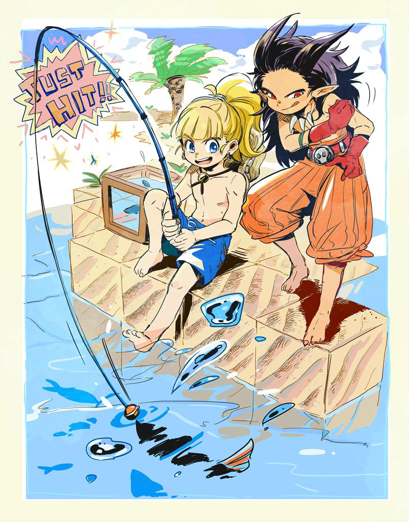 2boys androgynous barefoot belt black_hair blonde_hair blue_eyes blue_sky blue_swim_trunks blunt_bangs border bracelet clenched_hand cloud coconut_tree commentary_request dragon_quest dragon_quest_builders_2 earrings english_text fish fishing fishing_lure fishing_rod gloves hair_down hair_horns hand_on_own_hip hat high_ponytail holding holding_fishing_rod hoop_earrings itumu jewelry licking_lips long_hair looking_to_the_side male_builder_(dqb2) male_focus messy_hair multiple_boys necklace official_alternate_hairstyle open_mouth orange_pants palm_tree pants pants_rolled_up pointy_ears ponytail red_belt red_eyes red_gloves sand sidoh_(dqb2) silver_earrings sitting skull_belt sky smile sparkle tan teeth tongue tongue_out tooth_necklace topless_male tree unworn_hat unworn_headwear water yellow_border