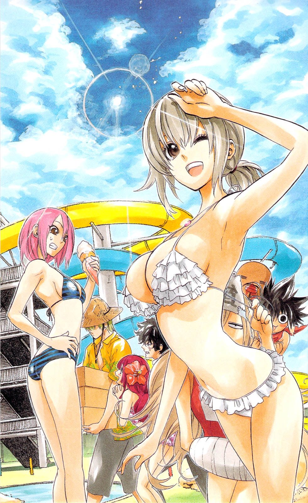 10s adenokouji_nadeshiko anger_vein bikini binbougami_ga! blood bobby_statice breasts daimon_shinobu highres inugami_momo momiji_(binbougami_ga!) nosebleed pink_hair purple_hair rindou_ranmaru sakura_ichiko swimsuit tsuwabuki_keita