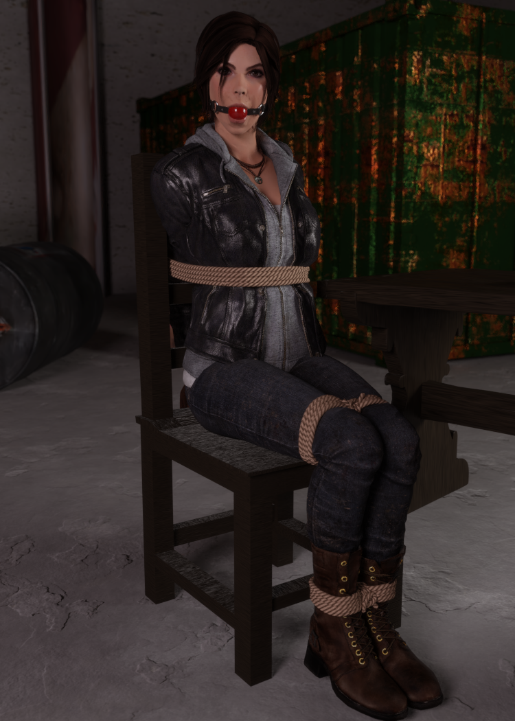 1girl 3d arms_behind_back ball_gag bdsm bondage bound bound_ankles bound_legs breasts brown_eyes brown_hair gag gagged iorel-renders jewelry lara_croft necklace tied_to_chair tomb_raider