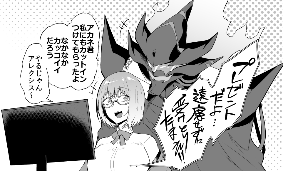 1boy 1girl alexis_kerib bow breasts fire glasses greyscale gridman_universe large_breasts monitor monochrome polka_dot polka_dot_background sagattoru shinjou_akane ssss.gridman super_robot_wars super_robot_wars_30