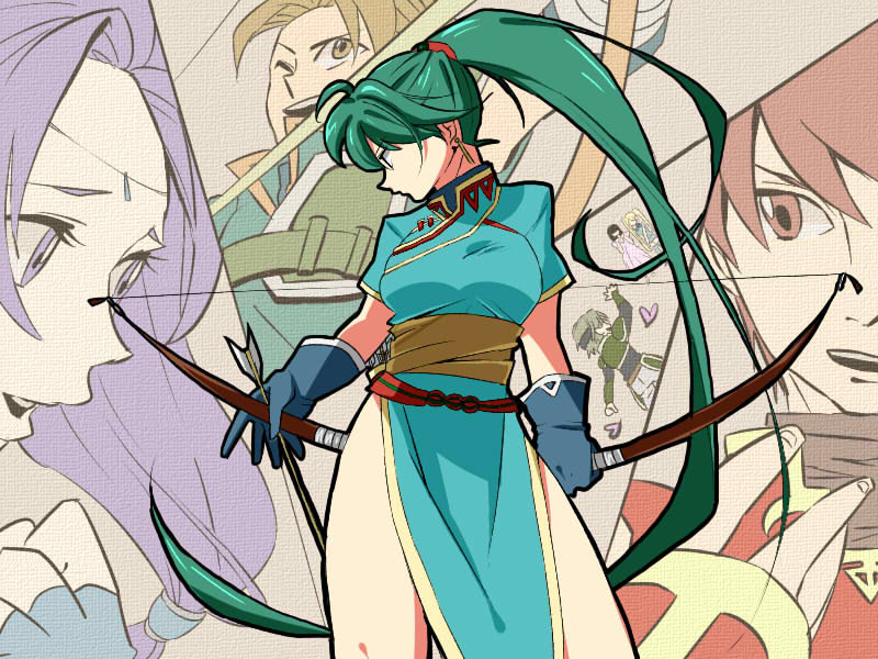 3boys 5girls arrow_(projectile) black_hair blonde_hair bow bow_(weapon) brown_hair earrings fingerless_gloves fire_emblem fire_emblem:_the_blazing_blade florina_(fire_emblem) gloves green_hair headband heart jewelry kent_(fire_emblem) kuromani legs lyn_(fire_emblem) multiple_boys multiple_girls nintendo one_eye_closed ponytail purple_hair red_eyes red_hair sain_(fire_emblem) twintails weapon wil_(fire_emblem) wink