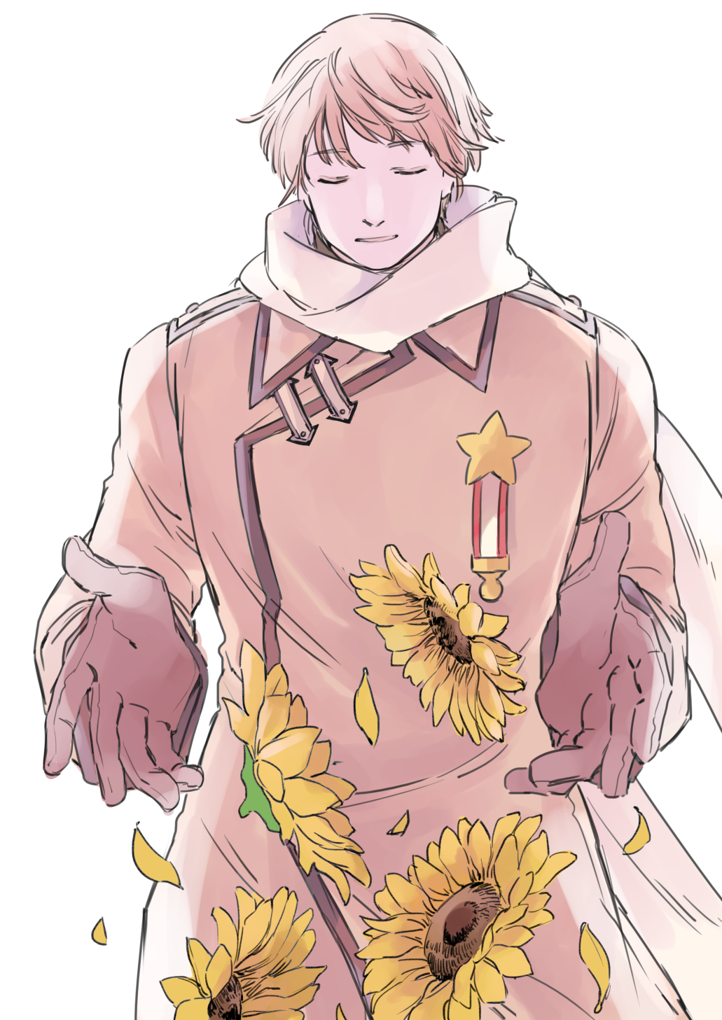 1boy axis_powers_hetalia blonde_hair brown_gloves closed_eyes coat commentary_request cowboy_shot flower gloves goro_nyanko highres lapels long_sleeves male_focus open_mouth petals russia_(hetalia) scarf short_hair simple_background smile solo standing star_(symbol) sunflower white_background white_coat white_scarf yellow_flower
