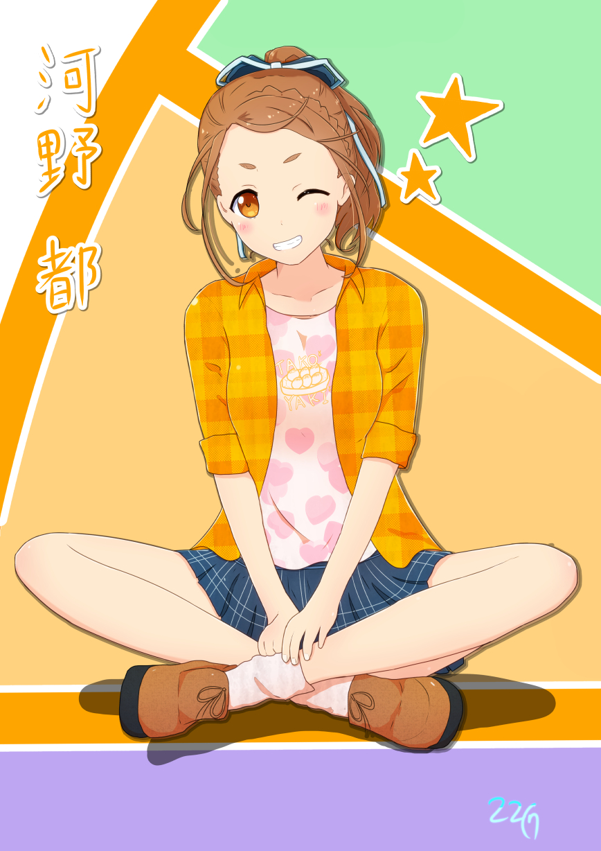 1girl 22/7 ;d between_legs black_bow black_skirt blush bow braid brown_eyes brown_footwear brown_hair character_name collared_jacket collared_shirt full_body furoggu-gaburi grin group_name hair_bow hand_between_legs high_ponytail highres indian_style jacket kono_miyako looking_at_viewer one_eye_closed open_mouth orange_jacket pink_shirt pink_socks pleated_skirt ponytail shirt single_braid sitting skirt sleeves_rolled_up smile socks solo star_(symbol)
