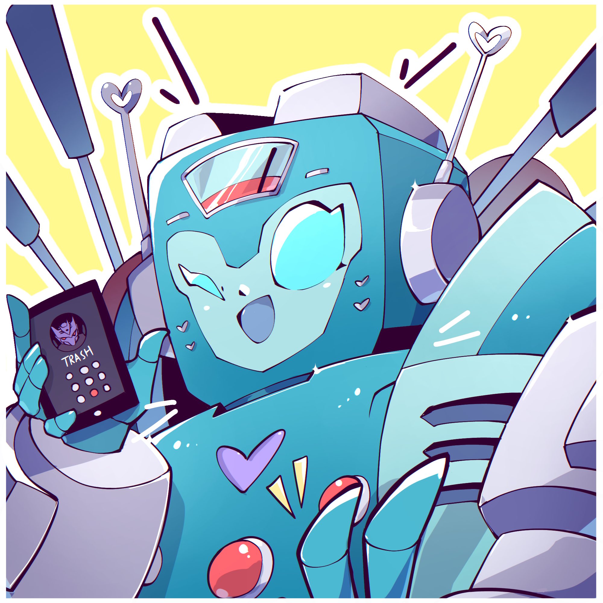 1girl alphaiswaifu blue_eyes cellphone highres holding holding_phone humanoid_robot nickel_(transformers) phone purple_mask radio_antenna robot robot_girl tarn the_transformers_(idw) transformers upper_body