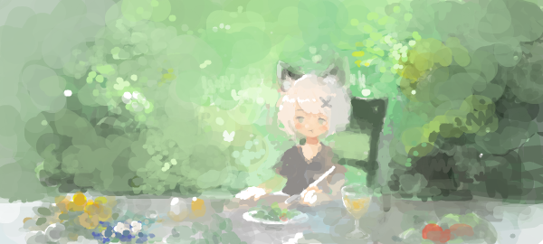 1girl :t animal_ears bad_drawr_id bad_id black_shirt blurry bokeh cat_ears chair closed_mouth cup depth_of_field drink drinking_glass eating expressionless food forest hair_ornament holding light_particles meal nature nonica oekaki original outdoors plate scenery shirt short_hair short_sleeves solo sunlight swept_bangs t-shirt table upper_body white_hair x_hair_ornament