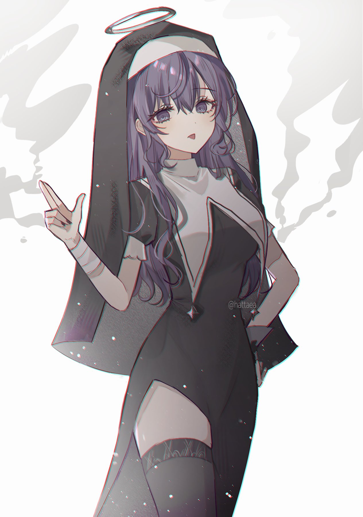 1girl asahina_mafuyu bandaged_wrist bandages black_dress black_nails black_thighhighs black_veil breasts chromatic_aberration commentary_request cowboy_shot dress finger_gun guimpe hair_between_eyes hair_down halo hand_on_own_hip hand_up hattaea highres kamippoina_(vocaloid) korean_commentary large_breasts light_blush light_particles long_dress long_hair looking_at_viewer nun project_sekai puffy_short_sleeves puffy_sleeves purple_eyes purple_hair ringed_eyes short_sleeves side_slit sidelocks simple_background smoke solo thighhighs thighs tongue tongue_out traditional_halo twitter_username veil wimple