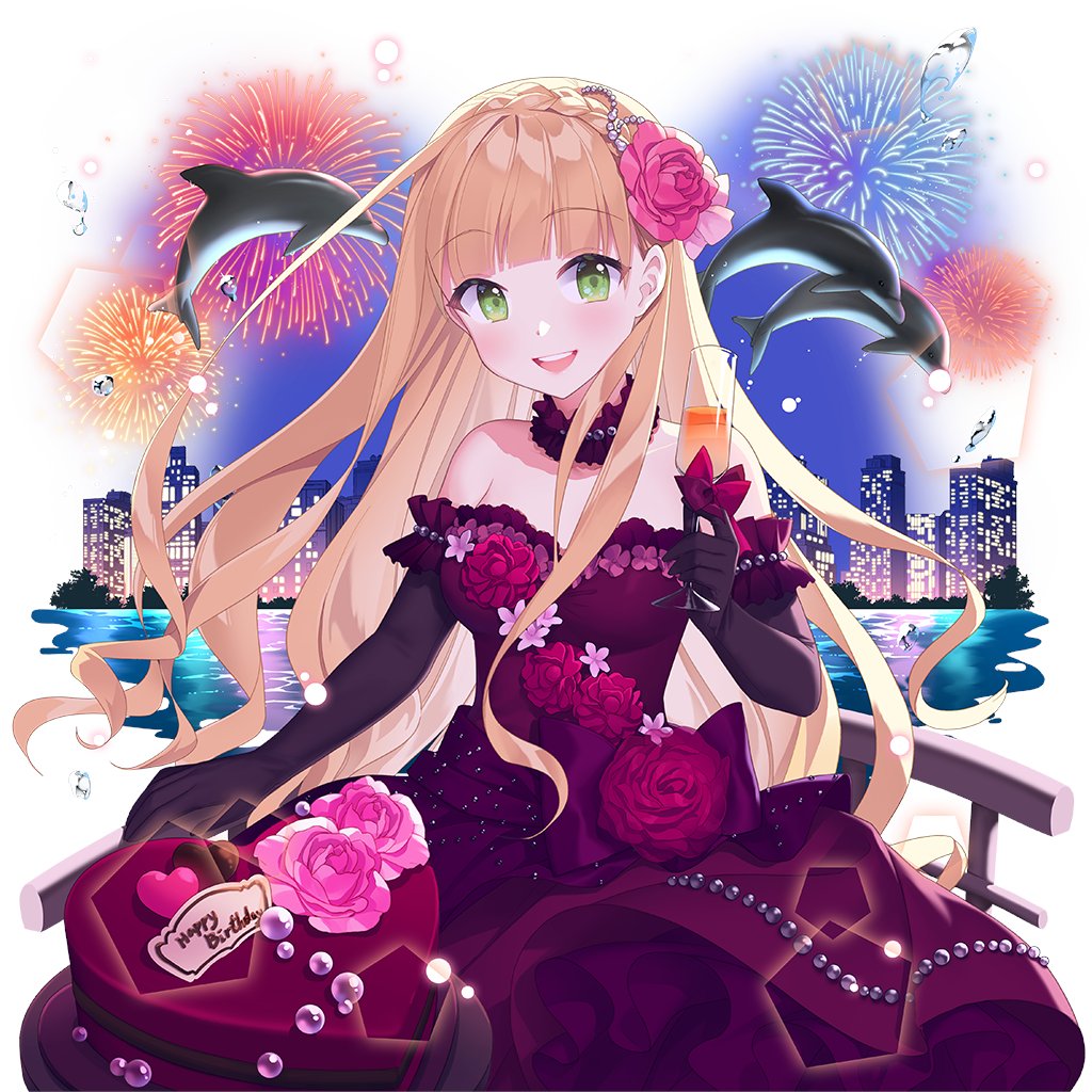 1girl black_gloves blonde_hair blunt_bangs braid breasts building cake cleavage dolphin dress elbow_gloves fireworks flower food gloves green_eyes hair_flower hair_ornament heart heart-shaped_cake heart-shaped_food lina_princella long_hair night off-shoulder_dress off_shoulder pink_flower pink_rose red_dress rose salt_(salty) sitting uchi_no_hime-sama_ga_ichiban_kawaii very_long_hair water