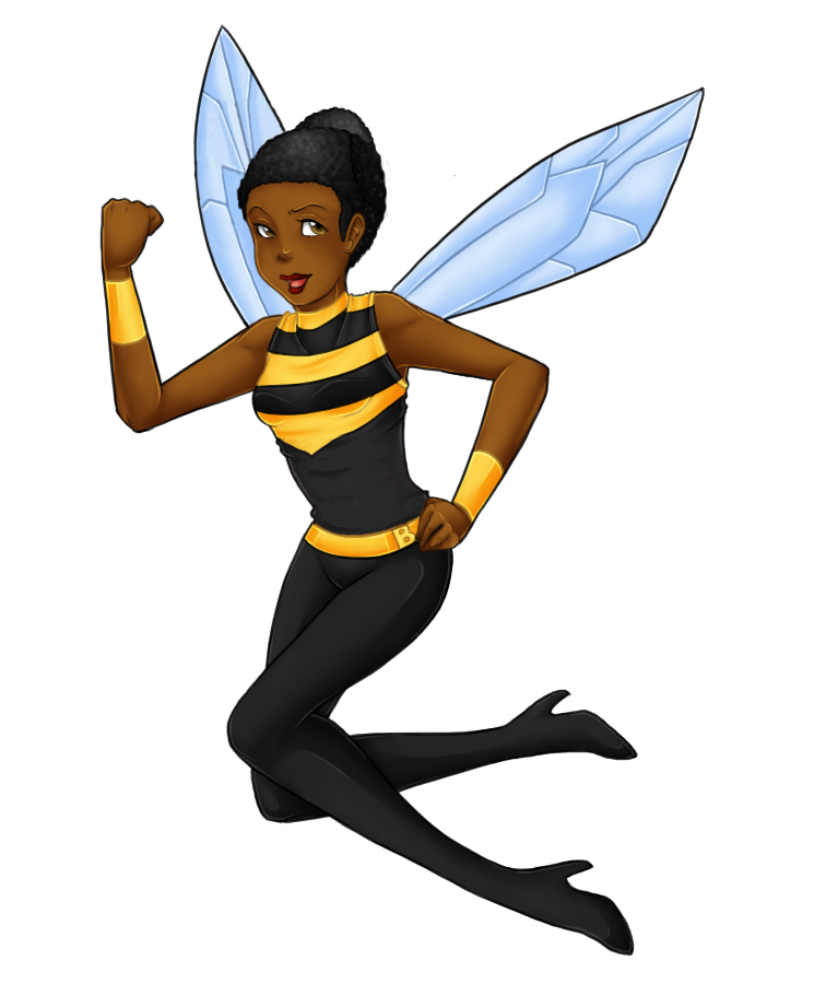 1girl bee_costume belt black_hair brown_eyes bumble_bee dark-skinned_female dark_skin dc_comics female_focus flying hand_on_own_hip high_heels insect_wings karen_beecher simple_background sleeveless solo vambraces wings