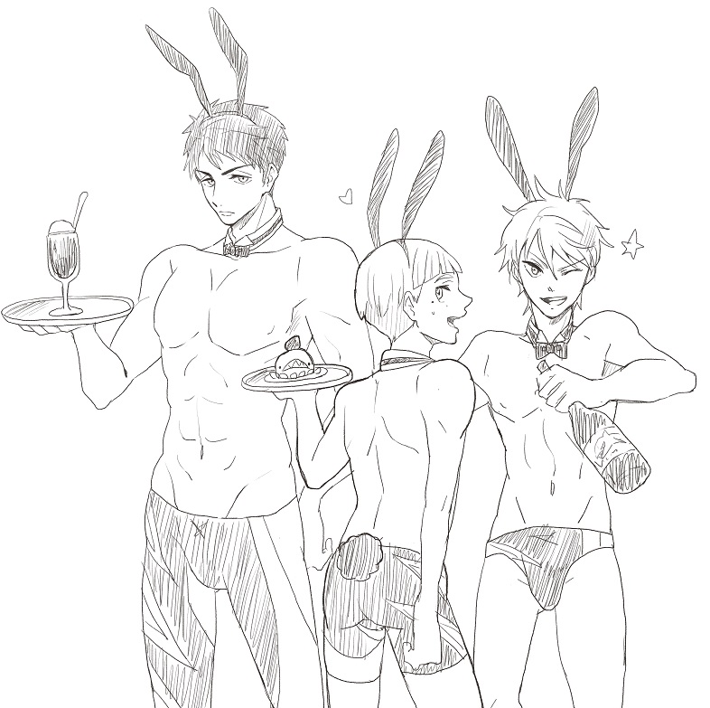 10s 3boys animal_ears bad_id bad_pixiv_id bottle detached_collar fake_animal_ears fake_tail free! greyscale jammers legskin male_focus male_playboy_bunny male_swimwear mikoshiba_momotarou mole mole_under_eye monochrome multiple_boys nitori_aiichirou one_eye_closed open_mouth rabbit_ears rabbit_tail ronisuke smile sparkle swim_briefs tail tray yamazaki_sousuke