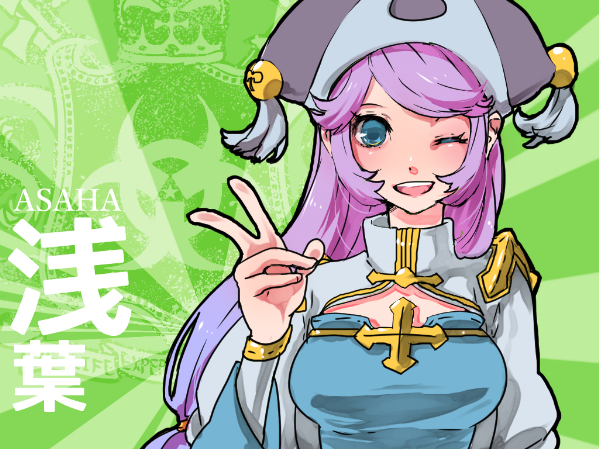 1girl arch_bishop_(ragnarok_online) blue_dress blue_eyes blush breasts cleavage_cutout clothing_cutout dress green_background grey_hat hat lala_(sputnik) long_hair looking_at_viewer medium_breasts noah_hat_(ragnarok_online) one_eye_closed open_mouth purple_hair ragnarok_online smile solo two-tone_dress upper_body white_dress