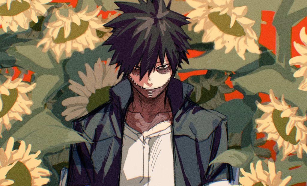 1boy black_eyes black_hair boku_no_hero_academia burn_scar cheek_piercing dabi_(boku_no_hero_academia) face_piercing floral_background flower male_focus multiple_scars nishino_(fetv8484) nose_piercing piercing scar scar_on_face scar_on_neck short_hair solo spiked_hair staple stapled