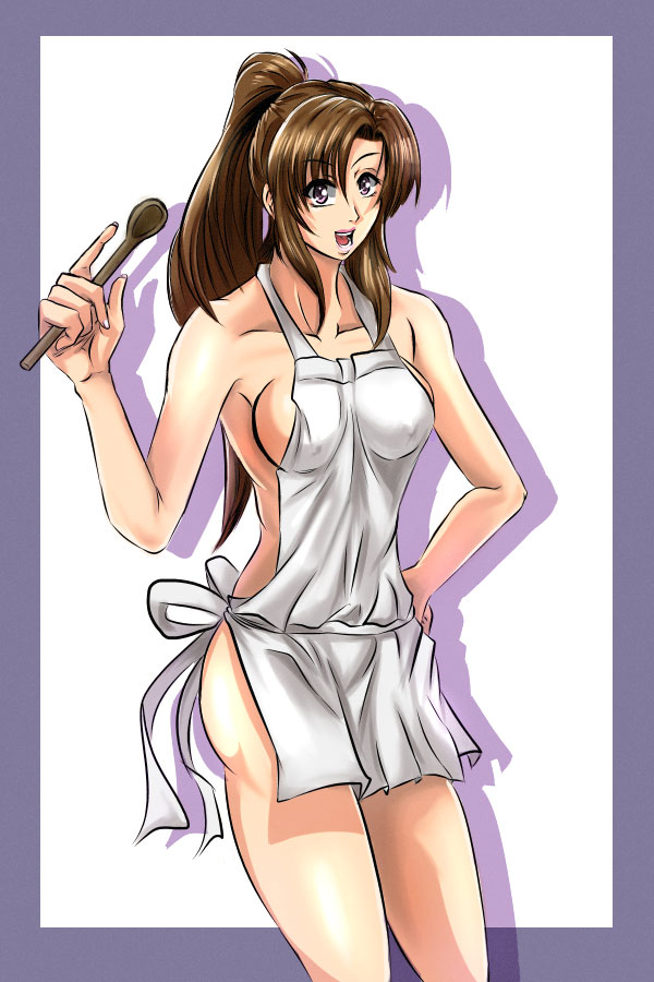 1girl apron bare_shoulders breasts brown_hair covered_erect_nipples holding holding_spoon large_breasts lips looking_at_viewer mature_female naked_apron oosuki_mamako open_mouth penzoom ponytail purple_eyes shadow sideboob smile spoon tsuujou_kougeki_ga_zentai_kougeki_de_ni-kai_kougeki_no_okaasan_wa_suki_desu_ka? white_apron