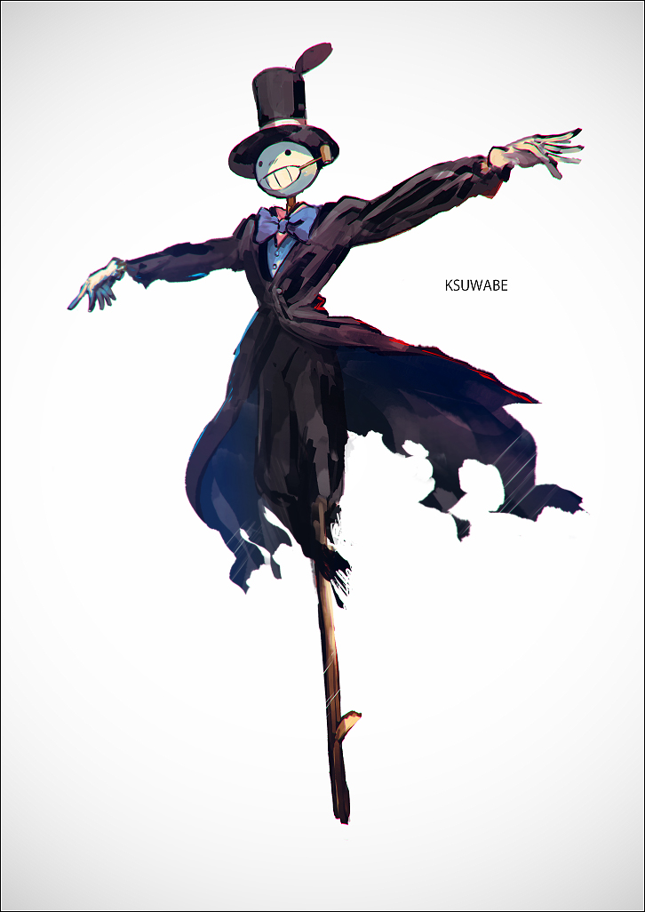 black_suit bow bowtie formal_clothes gloves hat howl_no_ugoku_shiro jacket k-suwabe kakashi_no_kabu long_sleeves no_humans scarecrow shirt smile smoking_pipe solo suit top_hat