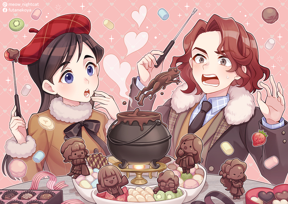 1boy 1girl beret black_hair black_necktie blue_eyes box box_of_chocolates brown_eyes brown_jacket candy cassandra_vole chocolate chocolate_heart commentary_request daniel_page food fruit fur-trimmed_jacket fur-trimmed_sleeves fur_collar fur_trim harry_potter:_magic_awakened harry_potter_(series) hat heart ivy_warrington jacket kevin_farrell long_hair long_sleeves lottie_turner medium_hair mixed-language_commentary necktie nightcat open_clothes open_jacket open_mouth orange_sweater plaid red_hair red_hat robyn_thistlethwaite sweatdrop sweater teeth valentine wizarding_world