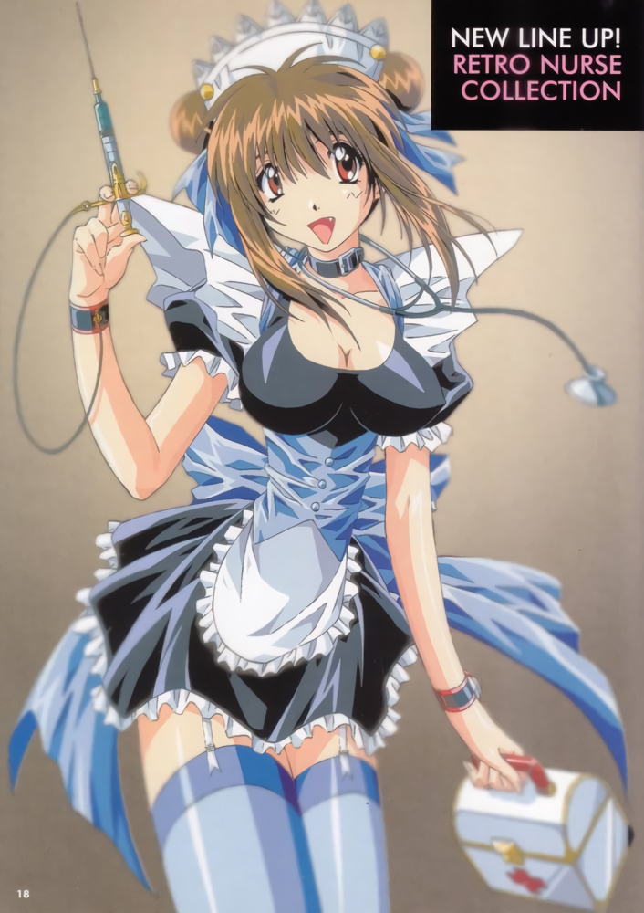 1girl apron blue_thighhighs breasts brown_hair cleavage double_bun fang female_focus first_aid_kit garter_straps hair_bun large_breasts leash long_hair looking_at_viewer maid_headdress nanako_kaitai_shinsho non-web_source official_art open_mouth red_eyes shichigusa_nanako skirt solo stethoscope syringe thighhighs wristband yamashita_toshinari