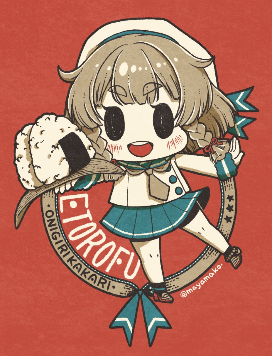 1girl bob_cut braid commentary_request etorofu_(kancolle) food gloves hat highres imatomo_mahya kantai_collection limited_palette long_sleeves looking_at_viewer neckerchief onigiri open_mouth pleated_skirt red_background romaji_text round_teeth sailor_hat school_uniform serafuku short_hair shorts shorts_under_skirt side_braid skirt smile solo teeth thick_eyebrows twin_braids upper_teeth_only
