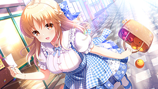 1girl apron basket blue_bow blue_dress bow bowtie breasts brown_eyes cafe card_(medium) checkered_apron checkered_clothes dress girlfriend_(kari) large_breasts light_brown_hair long_hair looking_at_viewer official_art open_mouth outdoors qp:flapper running sasahara_nonoka shirt smile tagme tile_floor tiles waitress white_shirt window