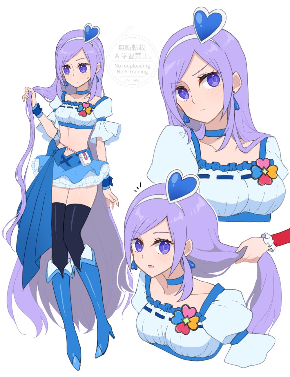 1girl alternate_hairstyle aono_miki black_thighhighs blue_choker blue_skirt blue_wrist_cuffs blush boots breasts choker cure_berry cure_passion fresh_precure! full_body grey_background hagihara_riku hair_ornament hairband heart heart_hair_ornament highres long_hair looking_at_viewer magical_girl medium_breasts midriff multiple_views navel out_of_frame precure purple_hair skirt smile thighhighs upper_body wrist_cuffs