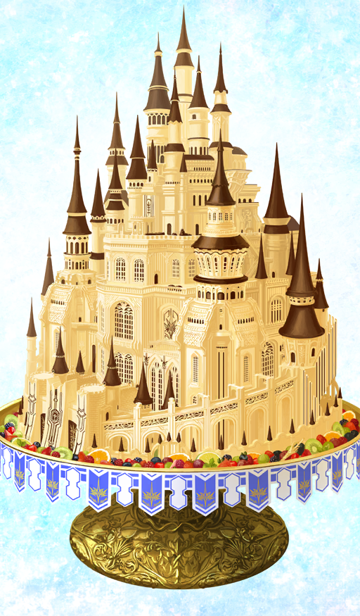 akitaken_(non_faciem) blue_background cake cake_stand castle chocolate chocolate_lady_no_karasawagi commentary fate/grand_order fate_(series) food food_art food_focus fruit fruit_request kiwi_(fruit) kiwi_slice no_humans official_art orange_(fruit) orange_slice raspberry third-party_source white_chocolate