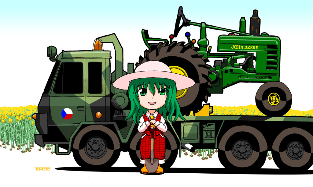 1girl arm_rest artist_name ascot boots chibi czech_flag female_focus field flatbed_truck flower flower_field gradient_background green_eyes green_hair hat john_deere kazami_yuuka long_sleeves looking_at_viewer matching_hair/eyes military military_truck military_vehicle motor_vehicle pants parted_lips plaid_clothes plaid_pants plaid_vest product_placement rubber_boots shadow short_hair shovel solo sunflower sunflower_field tomozo8674 touhou tractor truck vest worktool