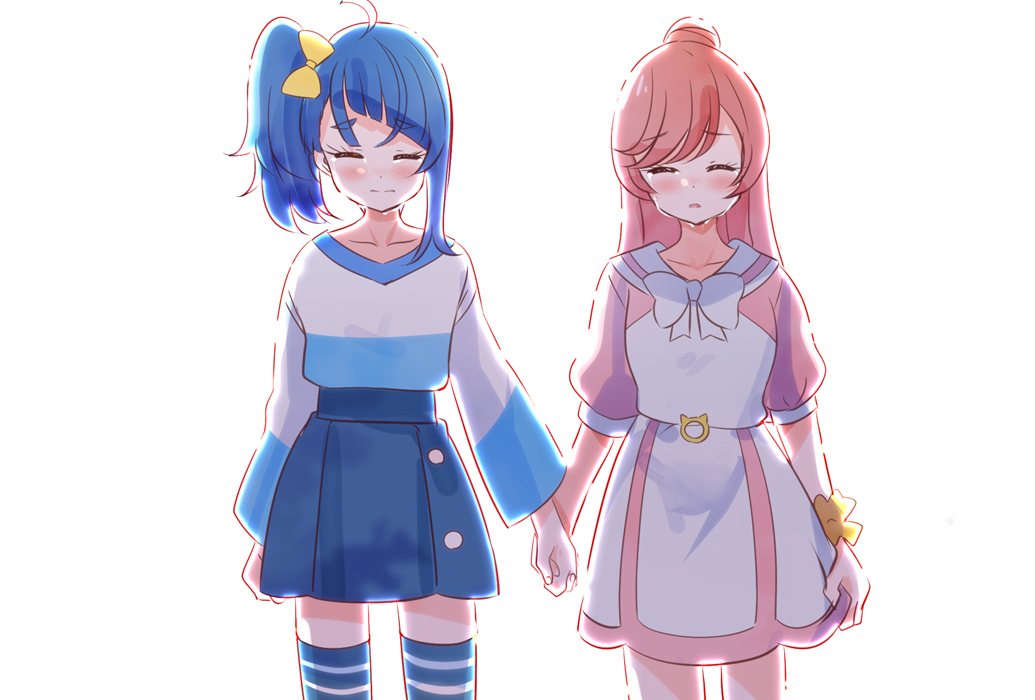 2girls blue_hair blue_shirt blue_skirt blue_thighhighs bow bowtie casual closed_eyes closed_mouth collared_dress commentary crying cut_bangs dress facing_viewer frown hair_bow hair_bun hirogaru_sky!_precure holding_hands long_hair long_sleeves medium_hair miniskirt mitumi_mira multiple_girls nijigaoka_mashiro open_mouth pink_dress pink_hair pleated_skirt precure sad scrunchie shirt short_dress side_ponytail simple_background single_hair_bun single_sidelock skirt sora_harewataru standing t-shirt thighhighs two-tone_dress two-tone_shirt white_background white_bow white_bowtie white_dress white_shirt wrist_scrunchie yellow_bow yellow_scrunchie