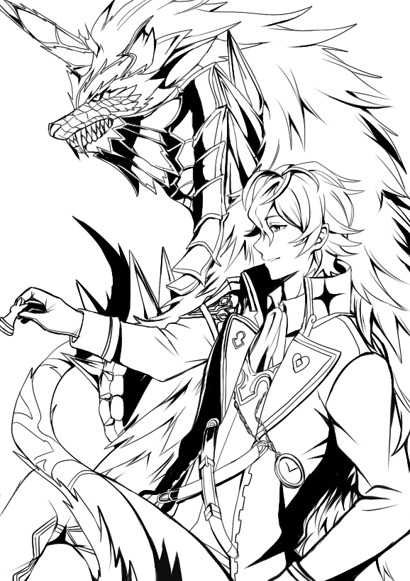 1boy bandersnatch_(grimms_notes) belt chess_piece clock_necklace coat collared_shirt fangs grimms_notes grin holding holding_chess_piece horns lewis_carroll_(grimms_notes) lewis_carroll_(original)_(grimms_notes) monochrome monster profile retsuto scales shirt short_hair simple_background single_horn smile teeth upper_body white_background
