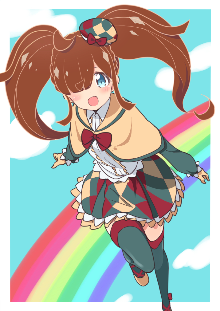 1girl :d ahoge blue_eyes blue_sky blunt_bangs border brown_hair capelet cbgb cloud full_body green_skirt green_thighhighs hair_over_one_eye hat kiratto_pri_chan long_hair looking_at_viewer mini_hat nijinosaki_dia open_mouth outside_border pretty_series rainbow shirt sidelocks skirt sky smile solo standing standing_on_one_leg thighhighs twintails white_border white_shirt yellow_capelet
