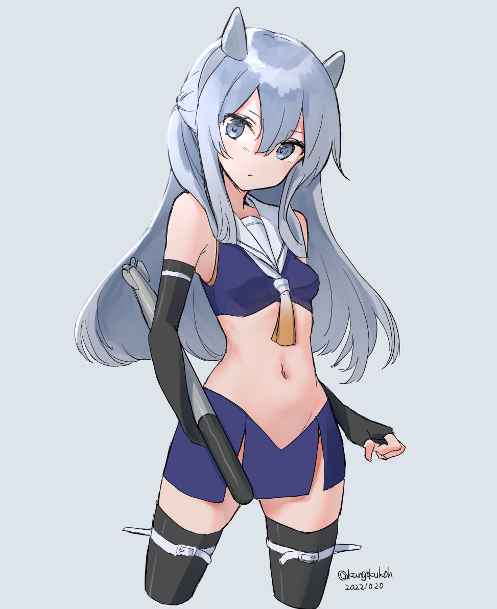 1girl black_gloves black_thighhighs blue_skirt breasts cowboy_shot crop_top dated elbow_gloves fake_horns fingerless_gloves gloves gradient_neckerchief gradient_necktie grey_background grey_eyes grey_hair headgear horned_headwear horns i-203_(kancolle) kangoku_kou kantai_collection long_hair looking_at_viewer midriff neckerchief necktie one-hour_drawing_challenge pencil_skirt sailor_collar sidelocks skirt small_breasts solo standing thighhighs torpedo twitter_username white_neckerchief white_sailor_collar